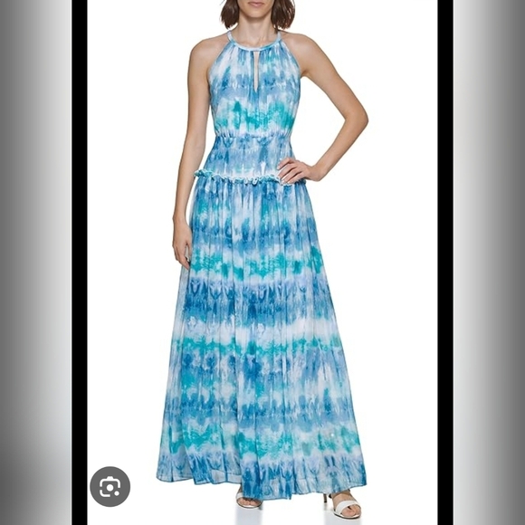 Calvin Klein Elegant Blue Tie-Dye Maxi Cocktail Party Dress Sumemr Sundress 10 - Picture 1 of 12